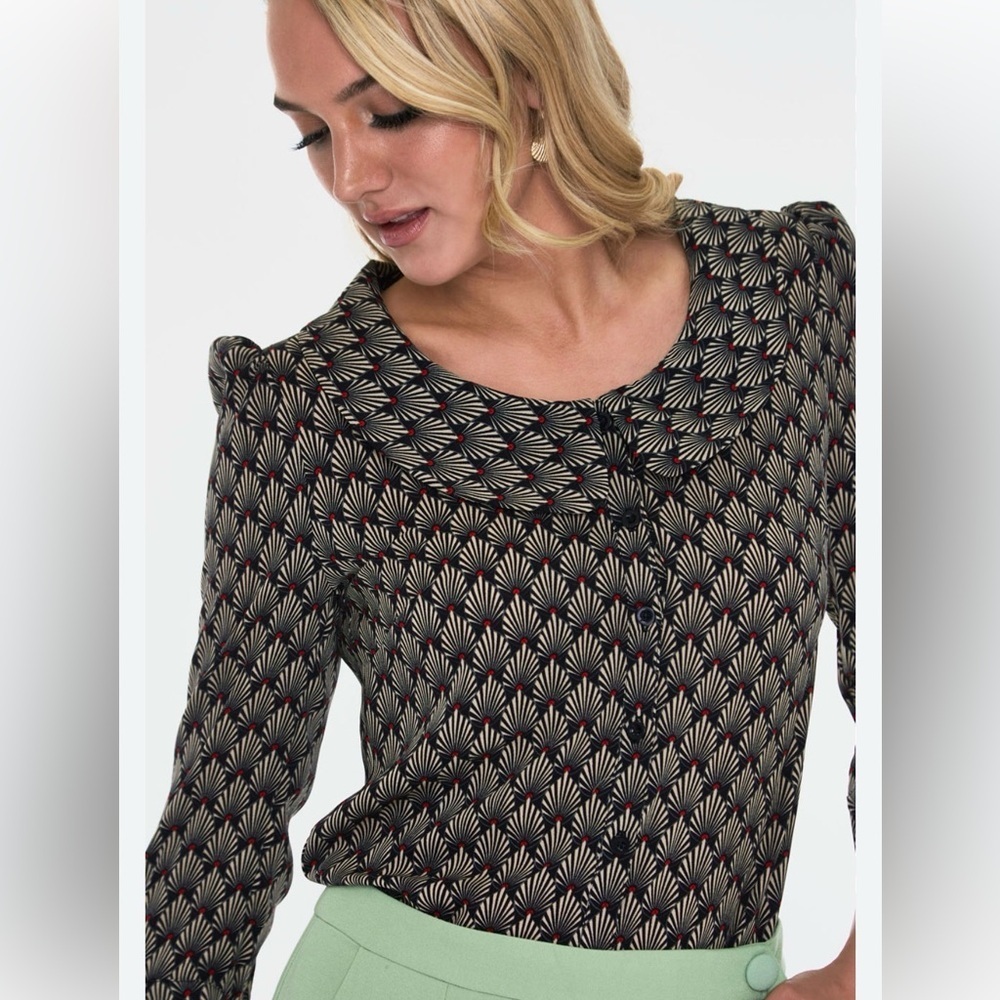 VOODOO VIXON M Betty black art deco Peter pan collar 3/4 sleeve Polyester blouse